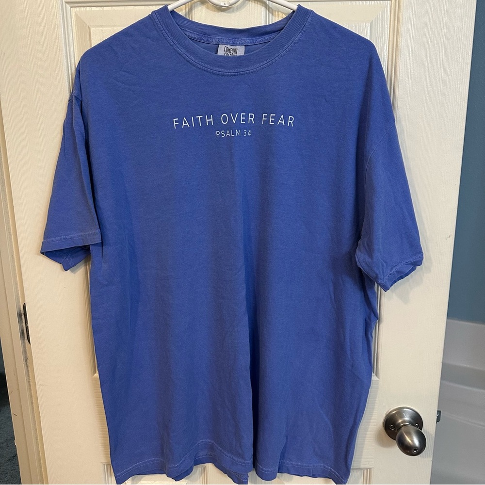Comfort Colors Faith Over Fear T-Shirt in the color Flo Blue, size XL